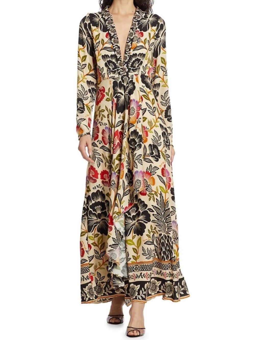 Farm Rio Meg Romantic Garden Long Sleeve V-Neck Maxi Dress Size S New